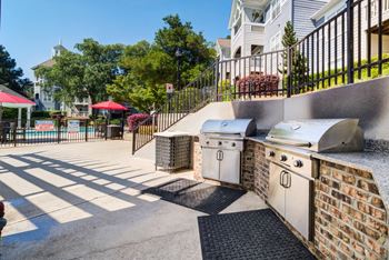 a backyard with a barbecue grill and a pool in the background
